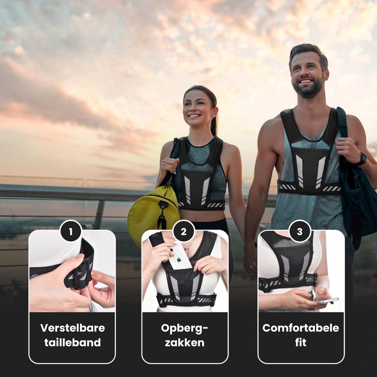 Man en vrouw dragen zwarte loopvesten op een promenade. Close-ups tonen verstelbare banden en een telefoonvak.