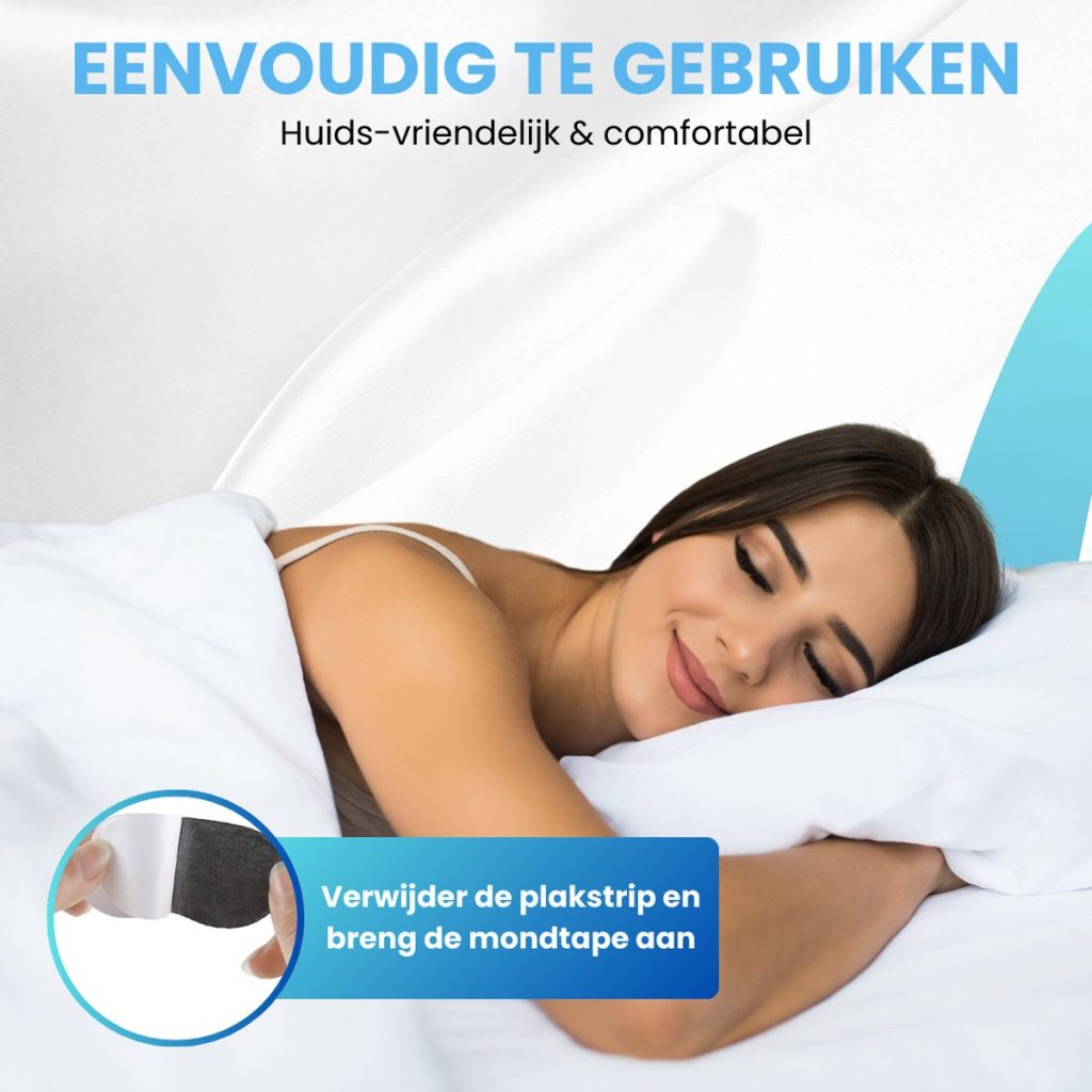 Een vrouw die rustig slaapt met een mondpleister. Tekst: Eenvoudig te gebruiken.