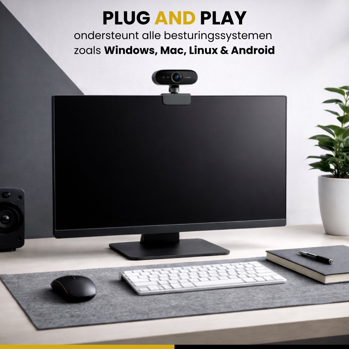 Zwarte webcam op een monitor in een kantooromgeving. "PLUG AND PLAY ondersteunt alle besturingssystemen zoals Windows, Mac, Linux & Android".