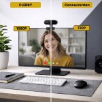 Vergelijking van een "CLERBY" 1080P webcam met die van "Concurrerenten" 720P, met een lachende vrouw in beeld.