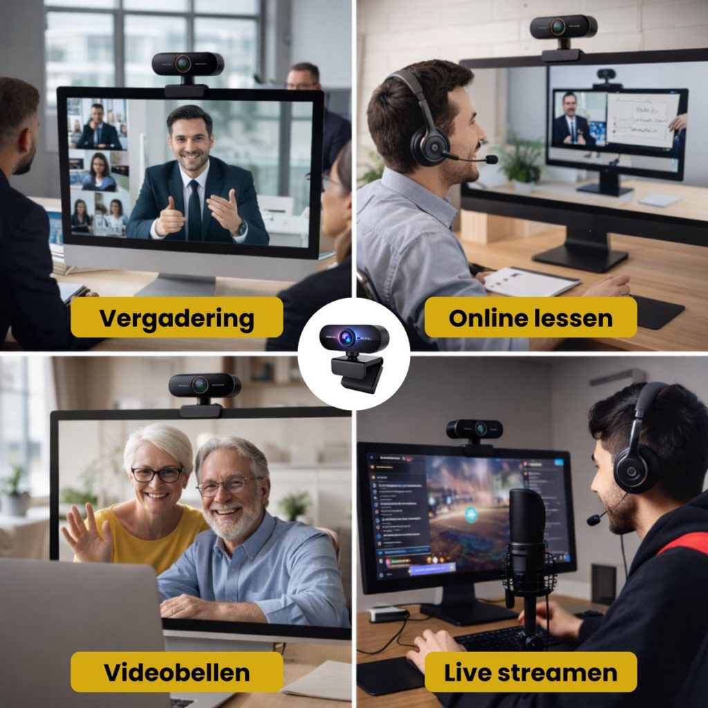 Collage van vier afbeeldingen die het gebruik van de webcam tonen: vergadering, online les, videobellen en live streamen.