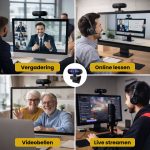 Collage van vier afbeeldingen die het gebruik van de webcam tonen: vergadering, online les, videobellen en live streamen.
