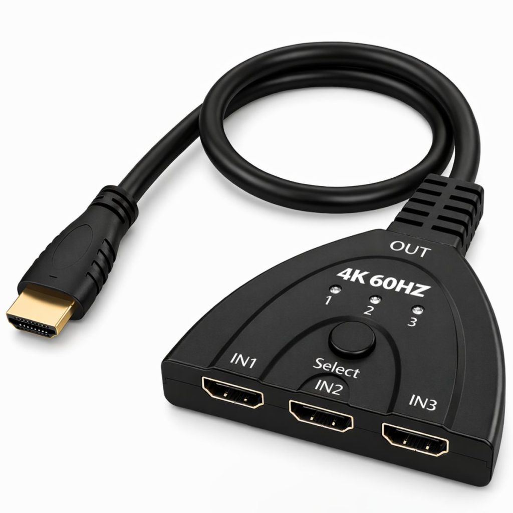 Zwarte Clerby 3-in-1 HDMI splitter met 4K 60Hz, 3 HDMI ingangen (IN1, IN2, IN3) en 1 uitgang. Een selectieknop en LED indicatoren.
