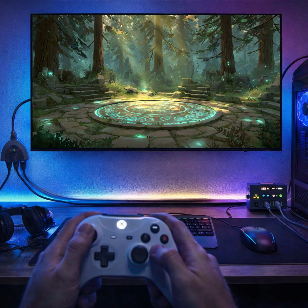 Persoon met witte game controller die een grote TV bedient waarop een fantasy game wordt gespeeld. Clerby HDMI splitter is aangesloten.