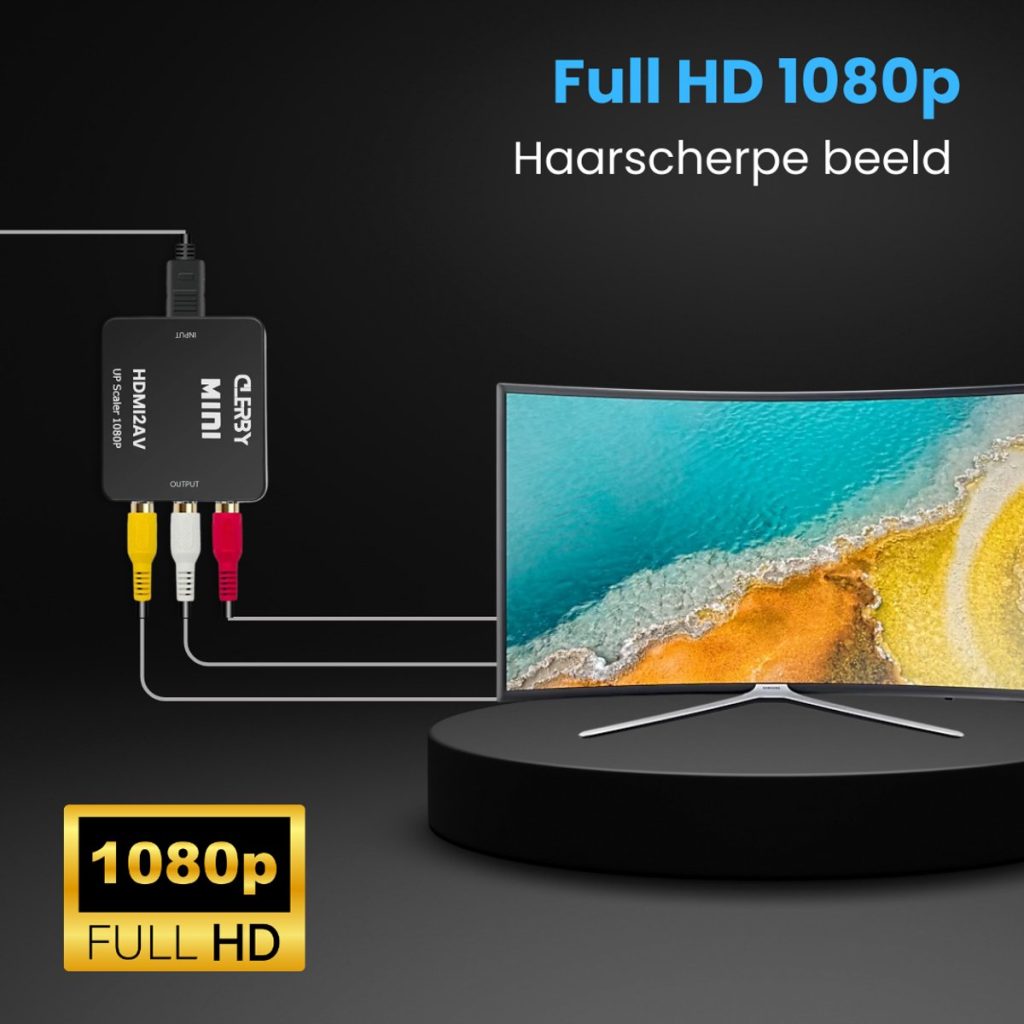 Zwarte Clerby MINI HDMI2AV UP Scaler 1080P aangesloten op een gebogen TV met rode, witte en gele kabels. Gouden logo met '1080p FULL HD'.