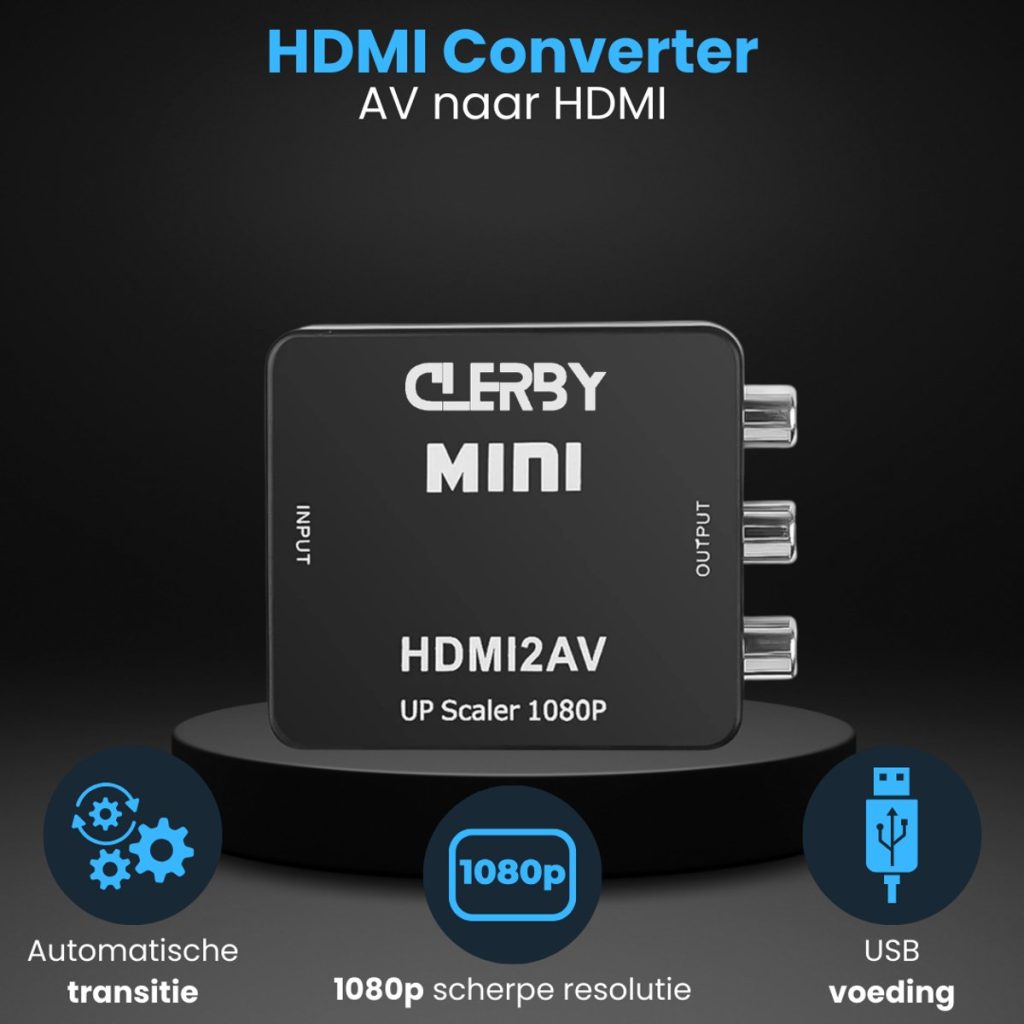 Zwarte Clerby MINI HDMI naar AV converter op een podium, met iconen voor automatische transitie, 1080p scherpe resolutie en USB voeding.