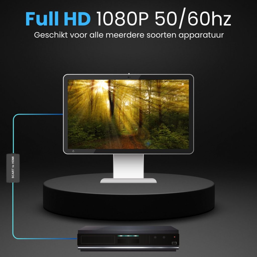 SCART naar HDMI adapter aangesloten op een monitor met Full HD 1080p en een settopbox.
