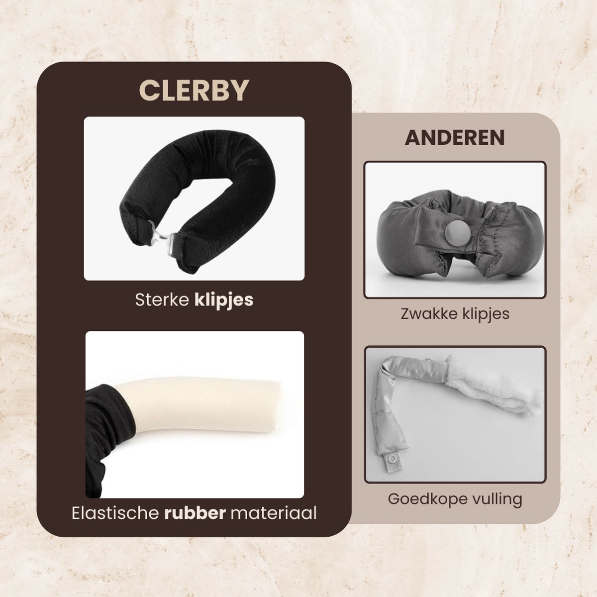 Vergelijking van Clerby haarrollers met die van anderen. Clerby heeft sterke klipjes en elastisch rubber materiaal. Anderen hebben zwakke klipjes en goedkope vulling.