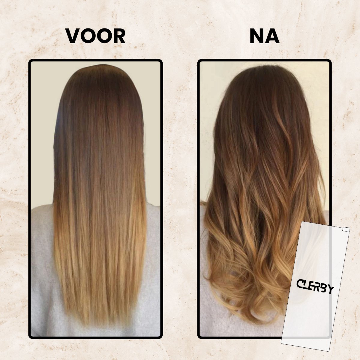 Voor en na de behandeling, waarbij het haar voor de behandeling steil en na de behandeling gekruld is.