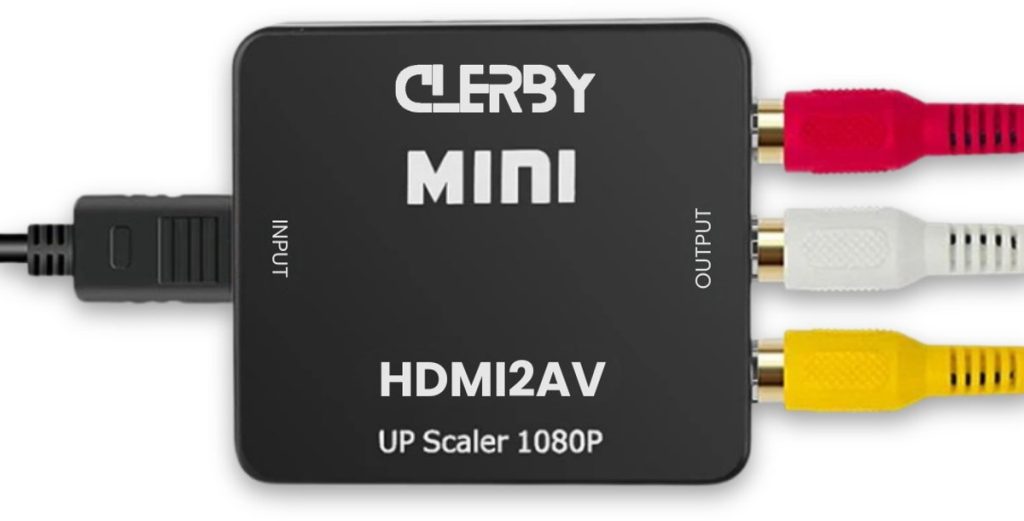 Zwarte Clerby MINI HDMI2AV UP Scaler 1080P met aangesloten inputkabel en rode, witte en gele outputkabels.