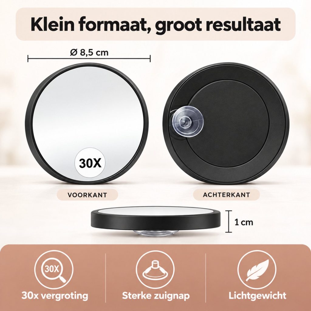 Zwarte 8,5 cm vergrootspiegel met 30x vergroting, zuignap en 1 cm dikte. Toont voor- en achterkant.